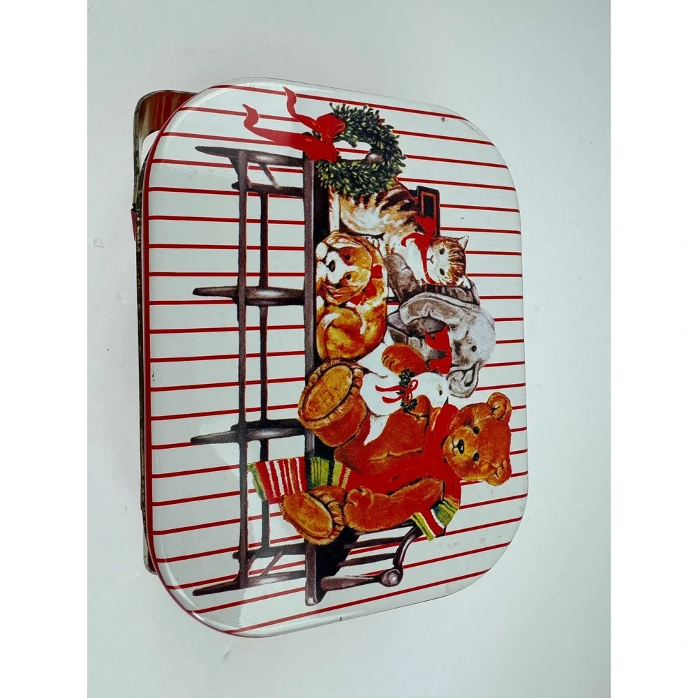 Vintage Christmas Holiday Tin Teddy Bear Cat Dog Picnic Basket Style Red White